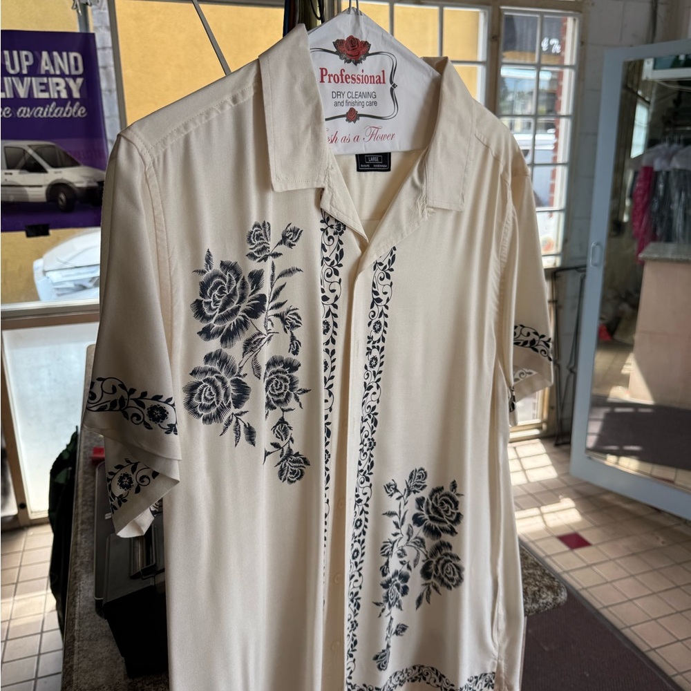 Cream and Black Casual Button Down Shirt with Floral Design